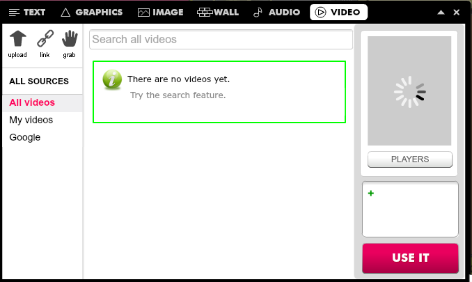 Ao clicar no botão vídeo, a seguinte janela será exibida. Clique um Upload para carregar um vídeo que está salvo no seu computador.
