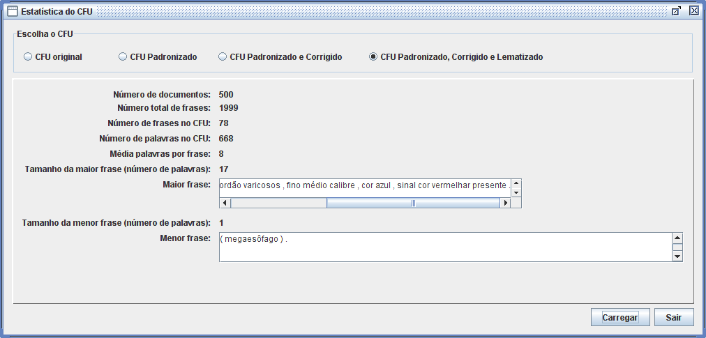 gia. Essas estatísticas podem ser visualizadas por meio da interface ilustrada na Figura 2.13, na qual são mostradas as estatísticas do CFU padronizado, corrigido e lematizado. Figura 2.13: Interface de estatísticas do CFU 2.