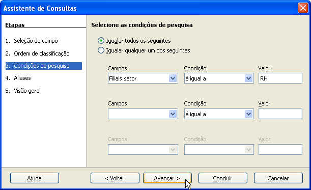 19 Figura 30 Tela do BrOffice.org Base para seleção das condições de pesquisa da consulta. Clicar no botão Avançar.