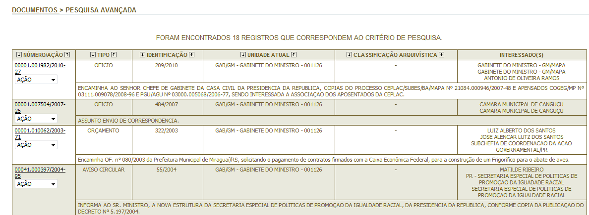 O sistema disponibiliza uma lista com o resultado da pesquisa. Para Visualizar o documento recuperado clicar no link sobre o numero do documento.