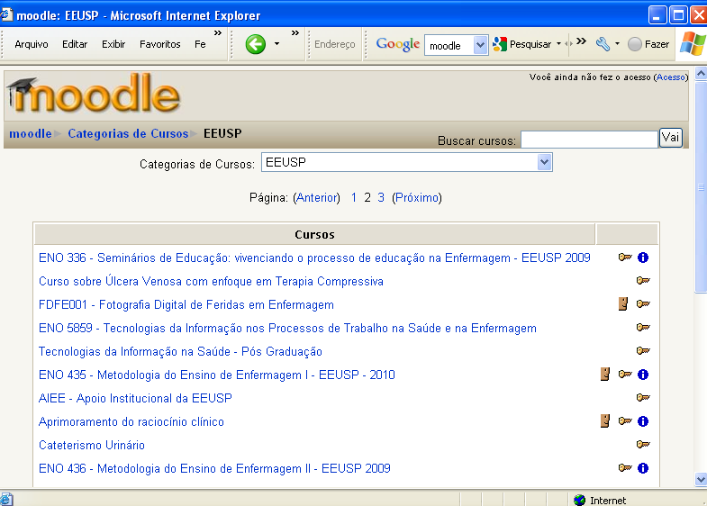 Figura 1 - Tela de acesso ao curso FDFE001- Fotografia Digital de Feridas em Enfermagem no AVA Moodle. Para o acesso do usuário ao curso existem duas possibilidades.