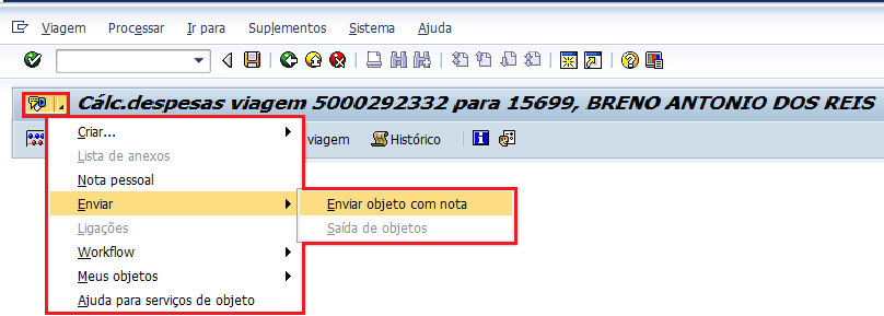 Para enviar e-mail ao autorizador da prestação de contas, clicar no botão Serviços para o objeto, menu