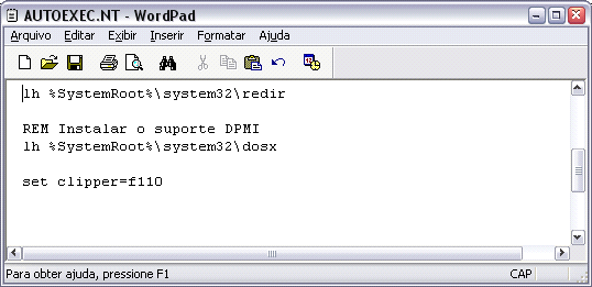 Em seguida configurar o arquivo Autoexec.bat. Para isso, no campo Nome do arquivo digitar: C:\AUTOEXEC.BAT. Verificar se existe o parâmetro SET CLIPPER=F110.