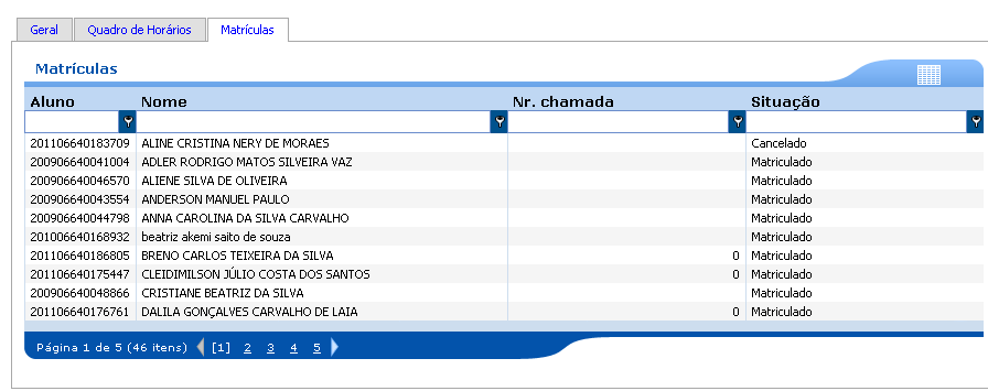 3. Aba Matrículas: lista todos os alunos da turma.