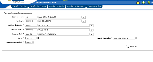 Passo 2 Selecione os campos Unidade de Ensino, Unidade Física, Escolaridade, Turno, Matriz Curricular e Ano de Escolaridade respectivamente nessa ordem, como mostra a imagem a seguir: Passo 3 Clique