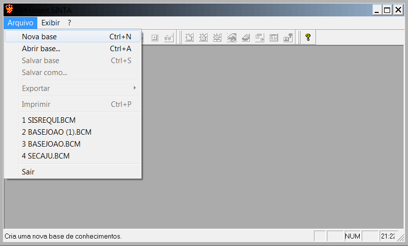 42 especialista. Só quando esses elementos estiverem definidos, se torna possível utilizar o sistema 4.2.1 Implementando o sistema Com a base de conhecimento já levantada, deve-se abrir o Expert SINTA e criar uma nova base de conhecimento, através do Menu Arquivo Nova base.