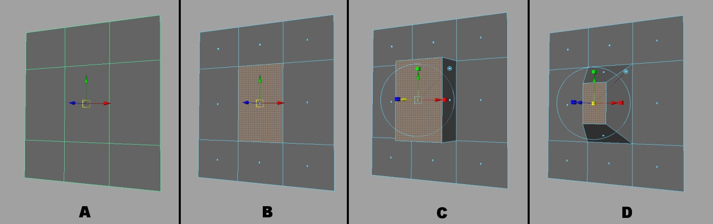 29 Figura 13: A) Plano poligonal com algumas subdivisões. B) Face selecionada. C) Extrude face executado na face selecionada. D) Nova face escalada.