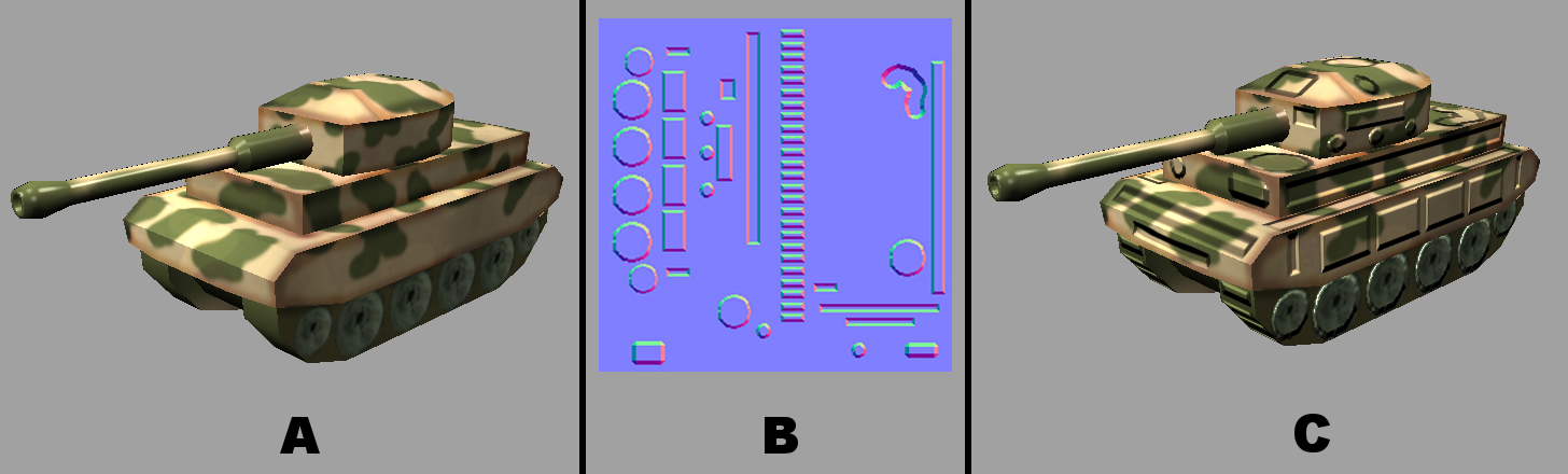 56 Figura 46: Geração da textura pelo novo sistema de pintura: A) Normal map criado. B) Texturas aplicadas ao objeto poligonal. A Textura do canal de cor utilizada é a mesma usada na Figura 45.