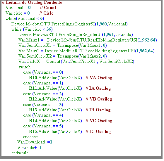 A título de ilustração é apresentada uma figura com uma parcela do script de programação do módulo de Oscilografia para que o leitor possa familiarizar-se com a linguagem DaqFactory