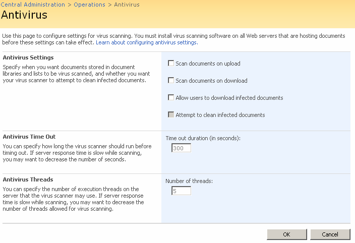 Você pode configurar várias AVG para SharePoint Portal Server ações de verificação e recursos de desempenho do antivírus aqui: Verificar documentos no envio ativa/desativa a verificação de documentos