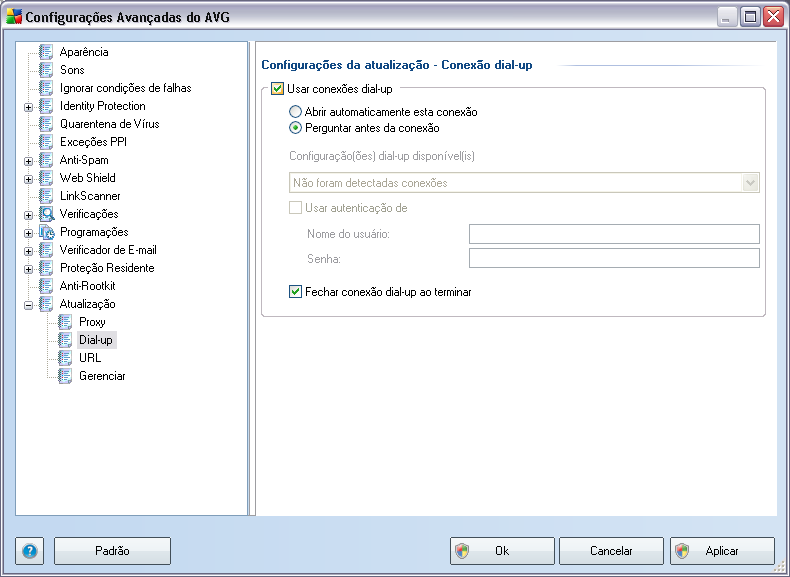 10.9.2. Dial-up Todos os parâmetros definidos opcionalmente na caixa de diálogo Atualizar configurações - Conexão dial-up referem-se à conexão discada à Internet.