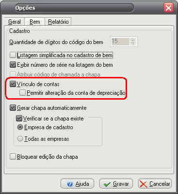 cadastramento de um Bem, o sistema irá trazer automaticamente a conta de depreciação. O usuário irá informar o Plano de contas, a conta principal e a conta de depreciação.