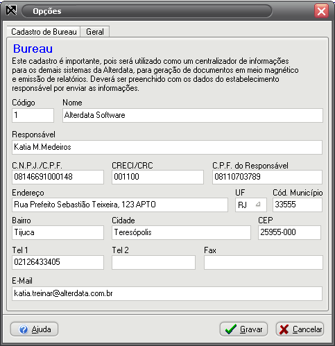 WPHD CADASTROS BÁSICOS CADASTRO DE BUREAU Devemos prestar bastante atenção no preenchimento de todos os cadastros do sistema WPHD, pois serão utilizados em vários locais dos sistemas da Alterdata