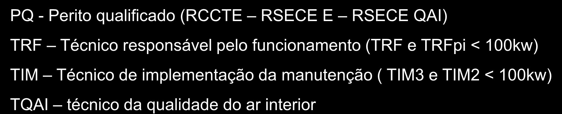 Validação de competências PQ - Perito qualificado (RCCTE RSECE E RSECE QAI) TRF Técnico responsável pelo funcionamento (TRF e TRFpi < 100kw) TIM