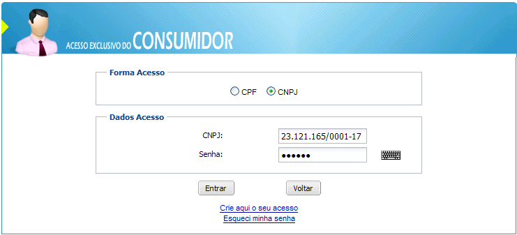 Senha: crie sua senha de acesso e confirme-a; Para cadastro do Consumidor, clique no botão Cadastrar ; Para retornar ao menu principal, clique no botão Voltar. 12.