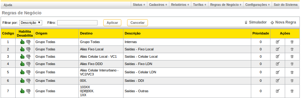 8. Menu Regras de Negócios Opções Regras de Negócios é a definição usada pelo SNEP para determinar o que acontece com as chamadas de entrada e saída. 8.1.