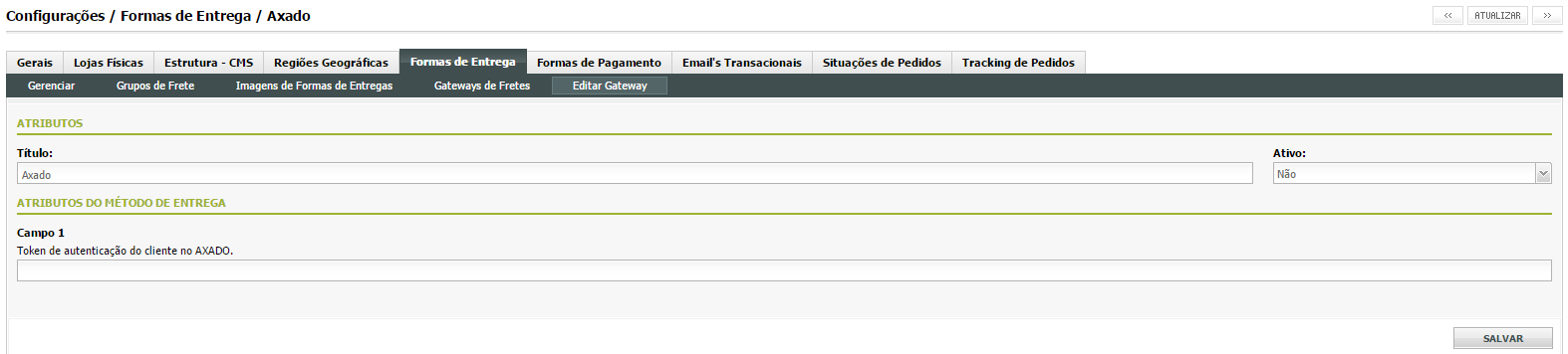 Para ativar o gateway, preencher o token de autenticação fornecido pelo Axado (1), alterar a opção Ativo para Sim (2) e clicar em Salvar (3).