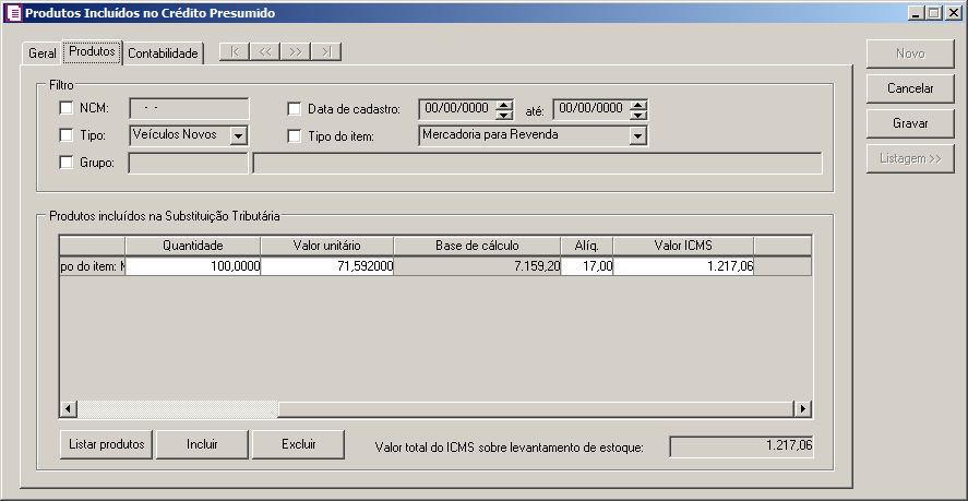 No menu Movimentos, submenu Estoque submenu Levantamento de Estoque opção Produtos Incluídos no Crédito Presumido foi efetuado um lançamento com o levantamento dos estoques com a opção No fim da