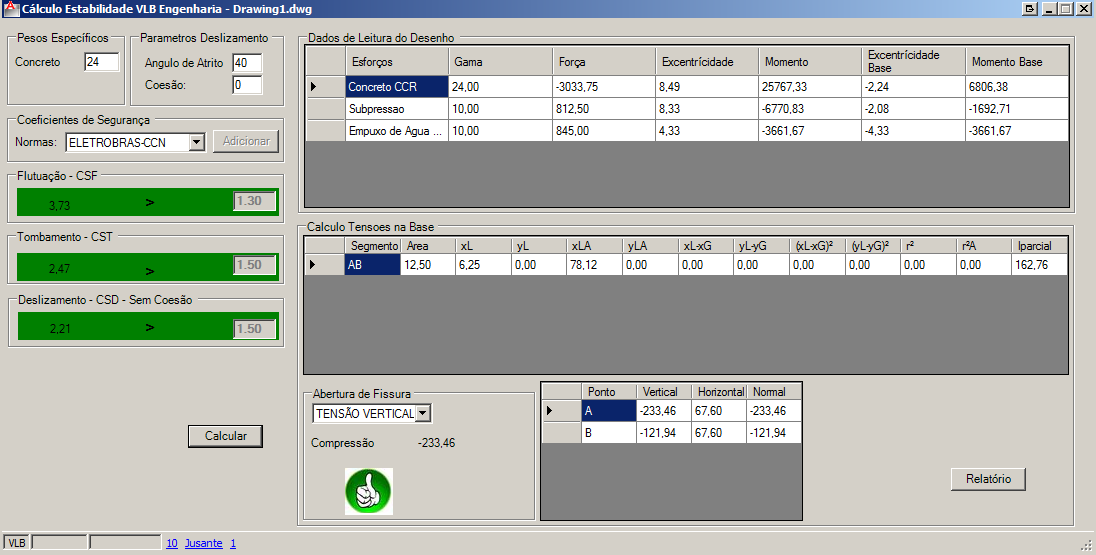 CÁLCULO DE ESTABILIDADE CALCEST 2D Calculo de esforços, momentos, excentricidades de cada estrutura/carregamento do desenho. Resultados dos coeficientes em comparação à norma selecionada.