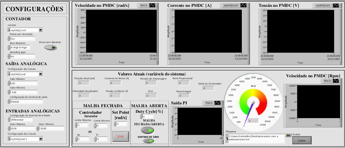 A utilização do programa LabVIEW na implementação se deve ao fato deste possuir uma considerável facilidade em configurar o sistema todo, poder exportar os dados para análise em outros programas e,