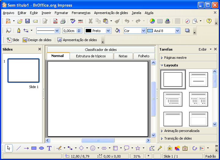BrOffice.org Impress 2 Na segunda etapa do Assistente temos algumas para definir o tipo do design do slide e definir como será exibida sua apresentação (computador, projetor, datashow, impresso).