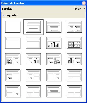 BrOffice.org Impress 6 Layout do Slide: Permite escolher um tipo de slide com texto, conteúdo, gráficos, imagens, diagramas e organogramas.