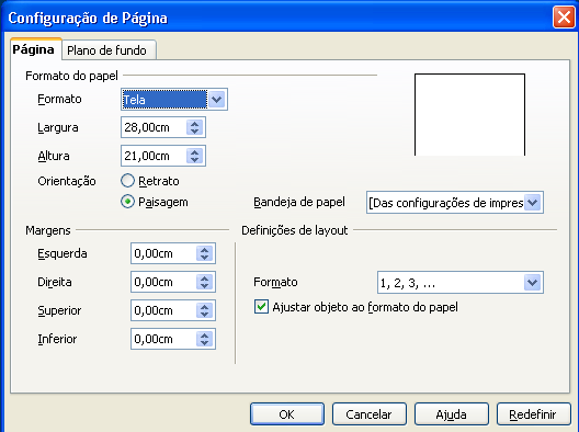 Clicar, com o botão direito do mouse, em uma área vazia do slide e, no menu que aparece, clicar em Slide - Configuração de página; ou Clicar em Formatar - Página.
