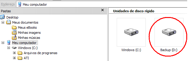 Procure também no item, se existir mais de uma unidade de disco, ela pode conter arquivos ou pastas, como no exemplo abaixo, possuindo a unidade D.