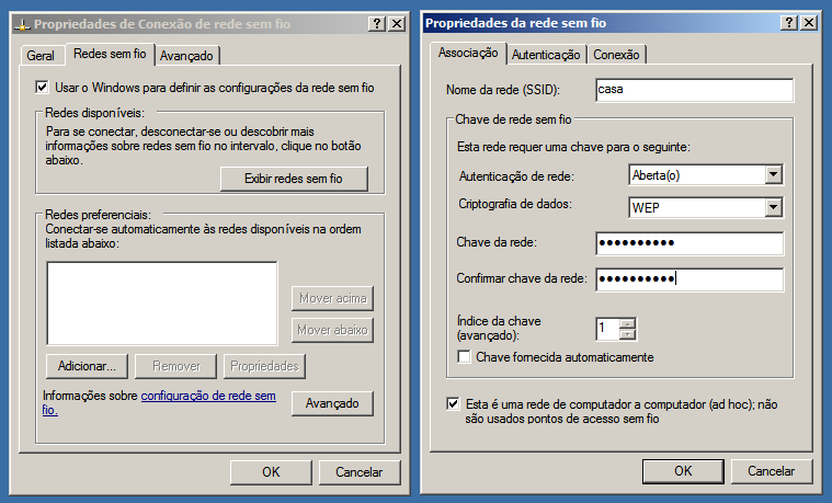 Para criar uma rede ad-hoc no Windows XP, acesse o "Painel de Controle > Conexões de rede". Dentro das propriedades da conexão de redes sem fio, acesse a aba "Redes sem fio" e clique no "adicionar".