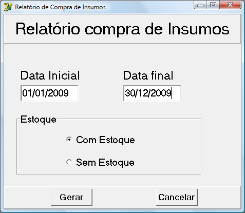 56 Figura 34 Tela de parâmetros para geração de relatórios de Insumos No relatório da figura 35 é possível visualizar todos os insumos comprados, ou registrados com a sua devida