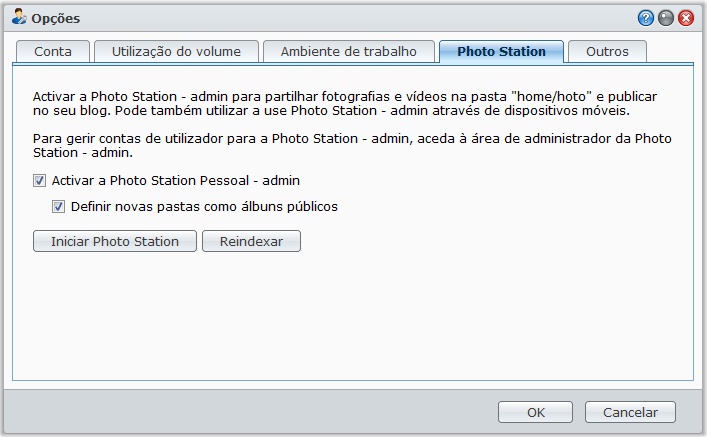 Guia do Utilizador da Synology DiskStation Activar a Photo Station Pessoal O admin do DSM ou utilizador do grupo administrators pode activar o serviço Photo Station Pessoal para permitir que todos os