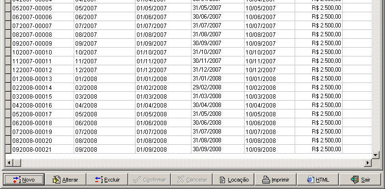 10. Cadastro de Contrato Ao definir o período de vigência, o sistema gera todos os lançamentos de aluguel, com todas as taxas associadas.