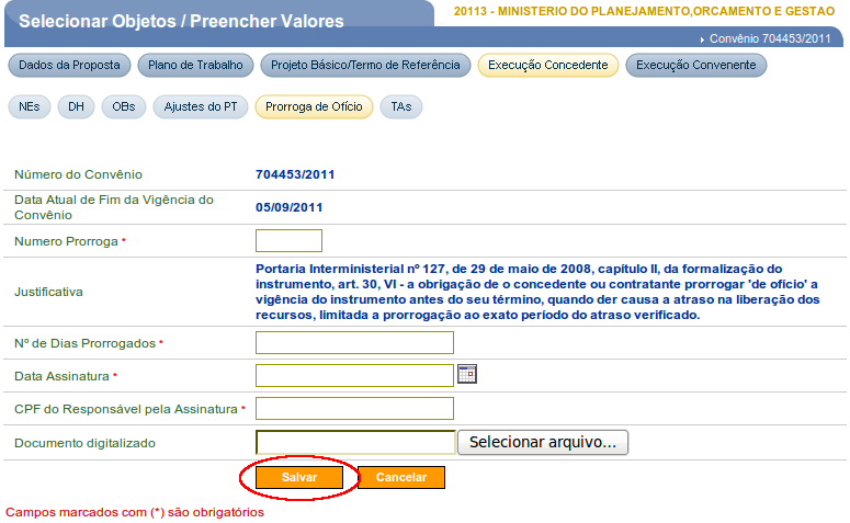 Após informar os dados, o usuário Concedente deverá clicar no botão Salvar, conforme Figura 110.