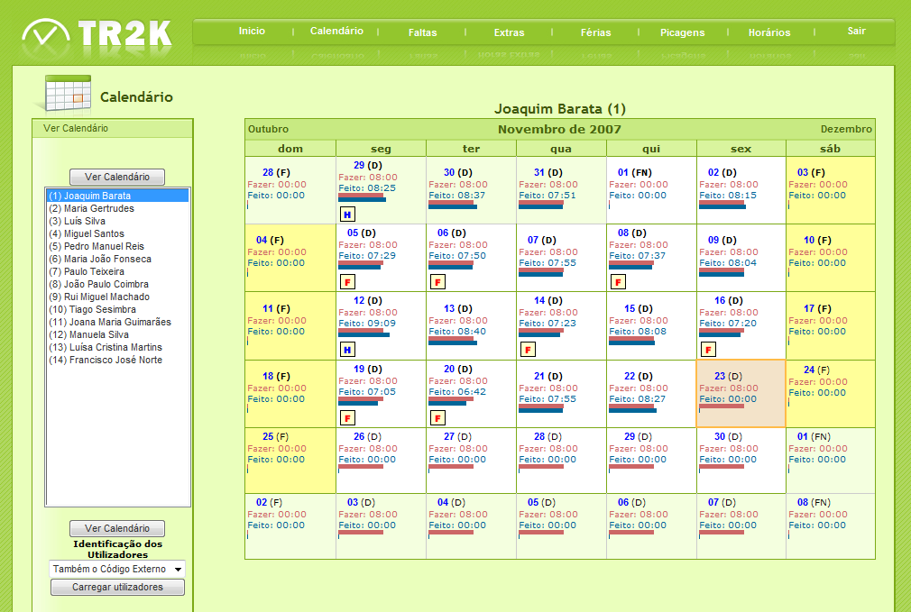 Calendário Tal como no Calendário do TR2K Principal toda a informação de assiduidade dos colaboradores é apresentada de forma directa em cada dia de calendário