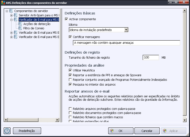 4.2. Verificador de E-mail para o MS Exchange (routing TA) Para aceder às definições do Verificador de e-mail para o MS Exchange (routing transport agent), seleccione o botão Definições na interface