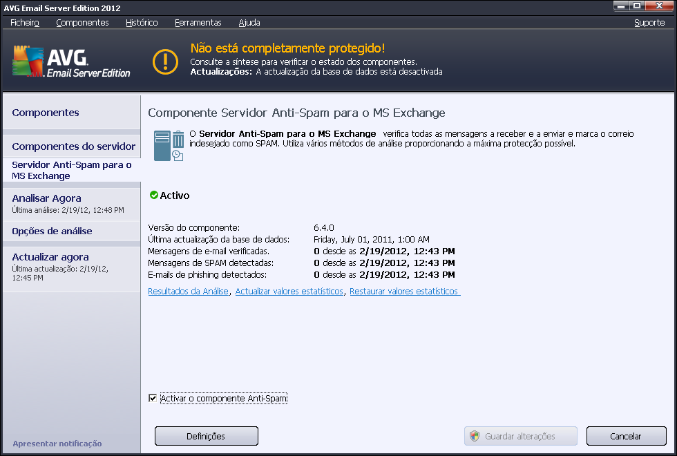 7. Configuração Anti-Spam 7.1. Interface do Anti-Spam A janela do servidor Anti-Spam pode ser acedida através da secção Componentes do Servidor (menu esquerdo).