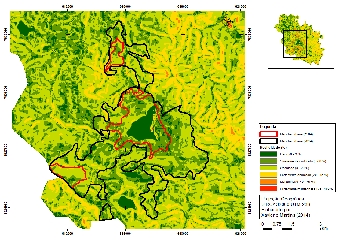 Figura 10: Declividade na mancha urbana em 1984 e 2014 em Lagoa Santa.