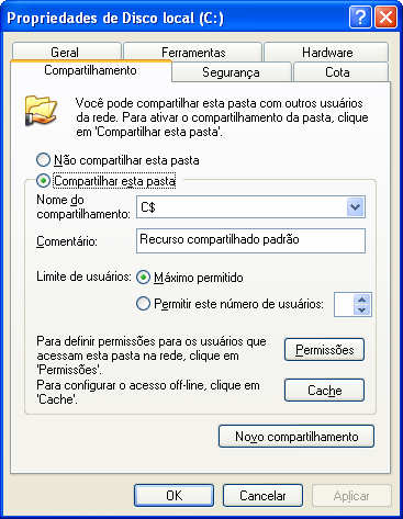 compartilhamento de pasta e as opções de permissões mais simples para este compartilhamento,