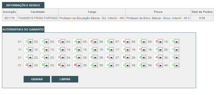 Segue o Gabarito Oficial para o Cargo: Segue tela do sistema informatizado, após a leitura do cartão de respostas da candidata: Diante do exposto, verificamos que a