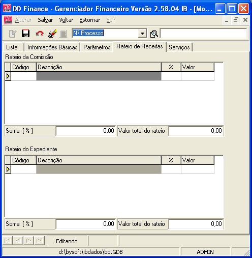 - Rateio de Receitas Neste grid podemos visualizar o valor das Receitas por departamentos.