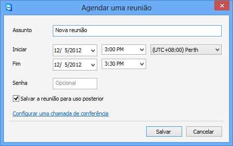 Reunião A caixa de diálogo Agendar uma reunião Esta caixa de diálogo fornece as opções descritas abaixo.