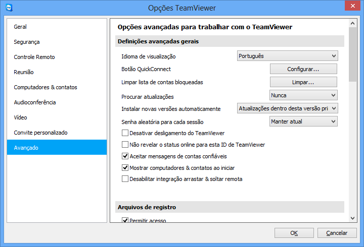 Opções 7.9 Categoria Avançado Na categoria Avançado, você pode definir configurações avançadas em seu TeamViewer. Para isso, clique no botão Mostrar as opções avançadas.