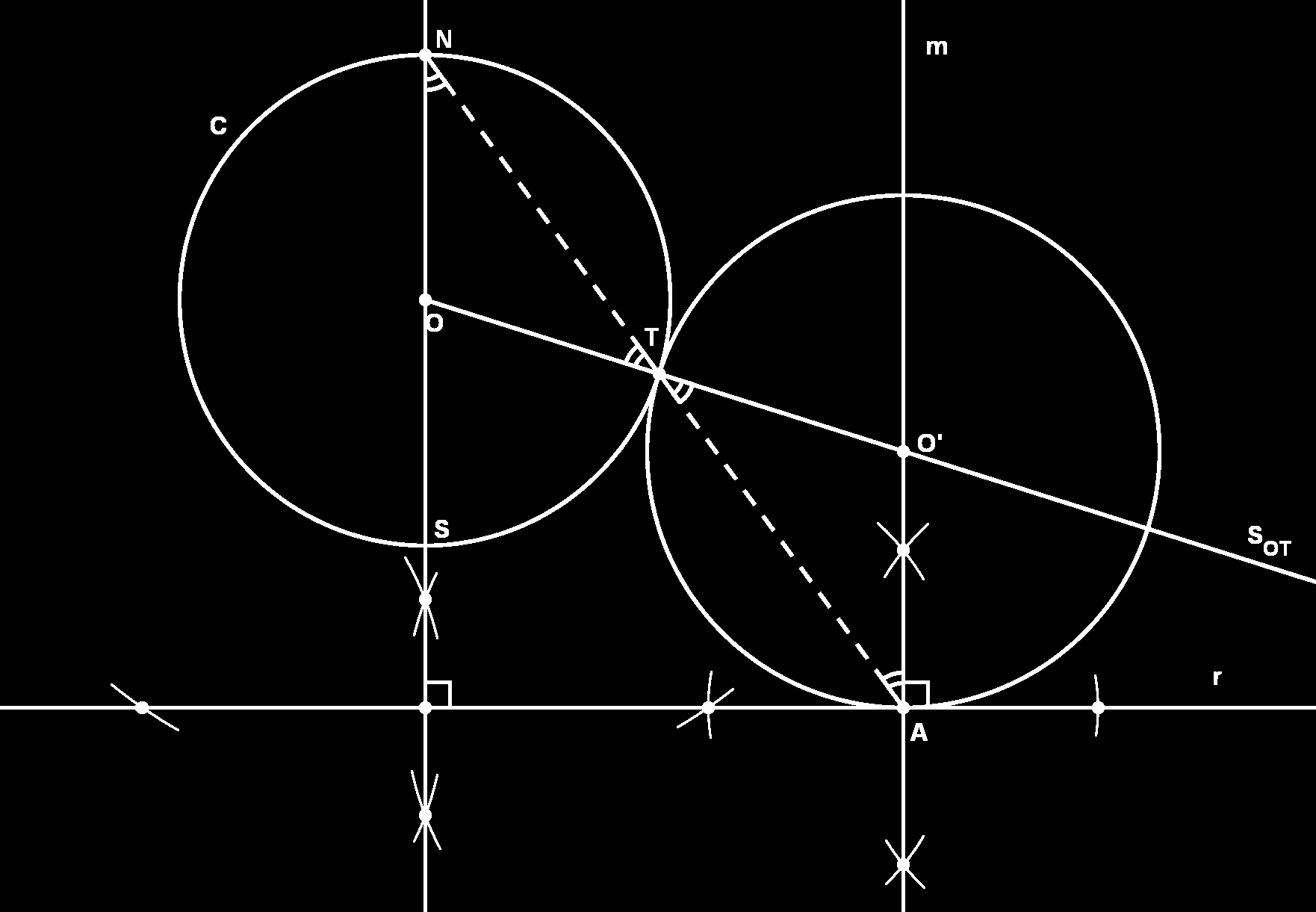 Construções Elementares 2. Trace a reta NA e considere T o ponto de interseção com C. 3. Trace a perpendicular m a r passando por A. 4. Trace a semi-reta S OT.