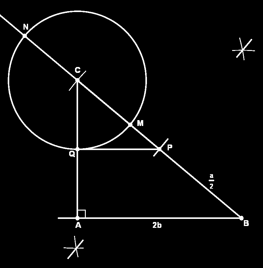 Expressões Algébricas 1. Construa um triângulo ABC retângulo em A com AB = 2b e BC = a. Daí, AC = r. 2. Tome P o ponto médio de BC e trace uma paralela a AB passando por P, determinando Q em AC.
