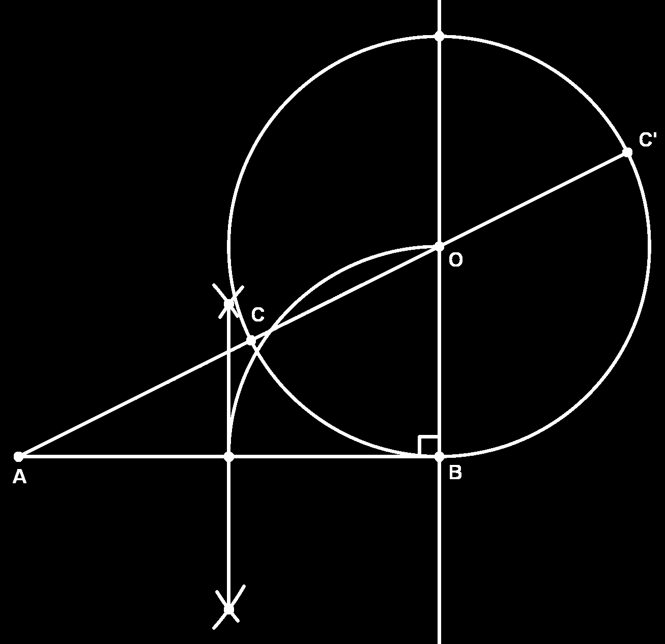 Expressões Algébricas Figura 11.18: AC e AC são os segmentos áureos de AB. Problema 11.26. Construir os segmentos áureos de AB = a. Solução Ver figura 11.18. 1. Trace um círculo de raio AB 2, tangente a AB em B.