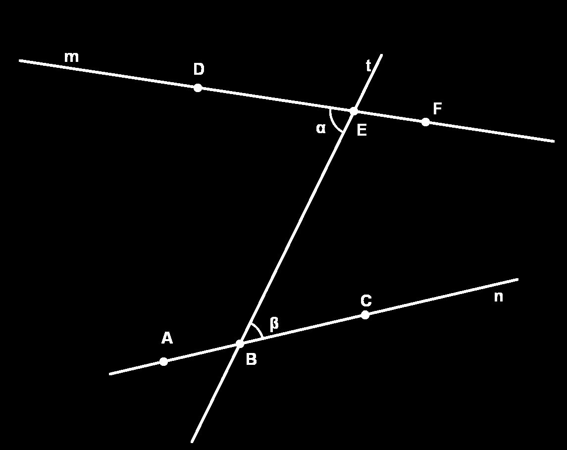 Geometria Euclidiana Plana com t interceptando m em E e n em B. Escolha pontos D e F em m tais que D E F, e pontos A e C em n tais que A e D estejam no mesmo lado de t e A B C.