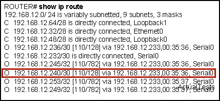 98. Consulte a exposição. O que o 128 referem-se a saída do roteador O 192.168.12.240/30 [110/128] via 192.168.12.233,00:35:36, serial 0?
