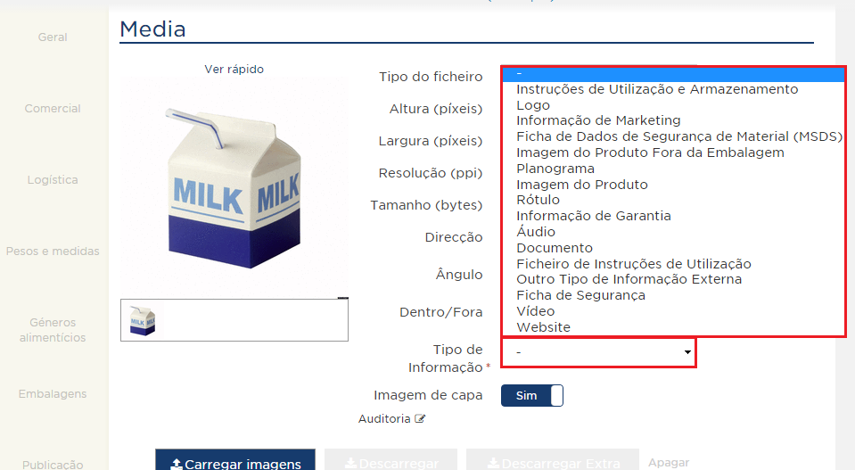 Nota: Por norma as fotografias dos artigos são escolhidas com a opção Imagem do Produto A opção imagem de capa serve para definir qual a imagem principal (caso seja carregada mais do que uma imagem)