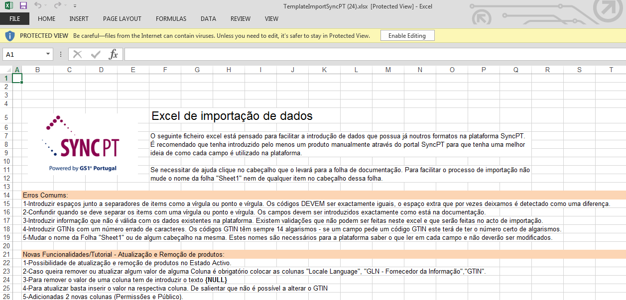 5. O ficheiro excel em questão tem várias folhas. No entanto para carregamento deverá utilizar a folha Sheet1 e não alterar o nome da folha ou dos cabeçalhos dos campos em questão: 6.