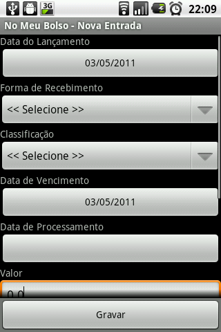 pelo usuário, mostrando assim a interface que possibilita ao usuário informar os dados que irão compor o registro de lançamento, indicando: Forma de recebimento/pagamento; Classificação; Data de